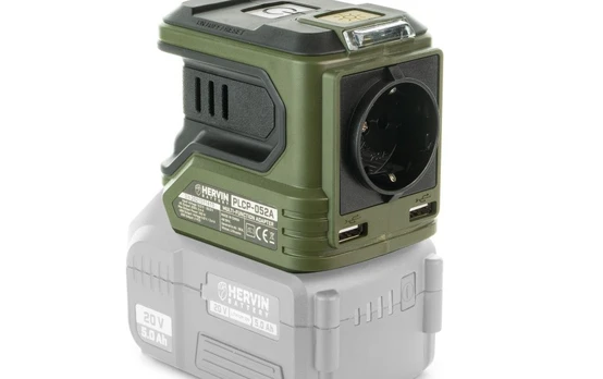 Daugiafunkcis adapteris HERVIN BATTERY, 20 V, 230 V, maks. 100 W, 2xUSB, LED, be akumuliatoriaus, PL