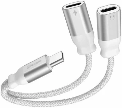 SWISSTEN TEXTILE Nabíjecí audio adaptér USB-C (M) - 2x USB-C (F) 0.12m bílá