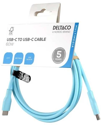 Deltaco USB-C - C USB2.0 SPR Cable, silicone, 1,5m, Turquoise