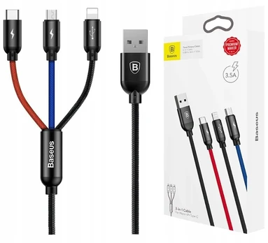 Baseus stiprus usb kabelis 3in1 laidu skirtas iphone micro type-c usb-c 3.5a 30cm