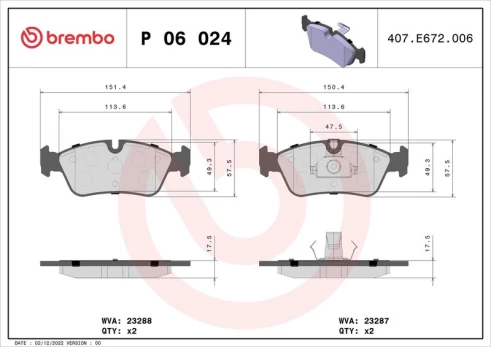 Stabdžių trinkelių rinkinys, diskinis stabdys BREMBO P06024