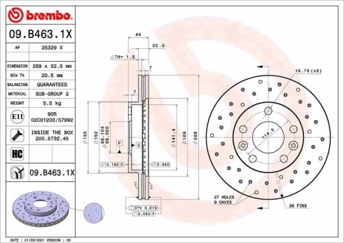 Stabdžių diskas BREMBO 09.B463.1X