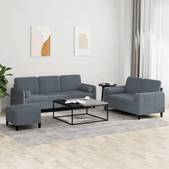 Sofa Sofos komplektas su pagalvėmis, 3 dalių, pilkas, aksomas