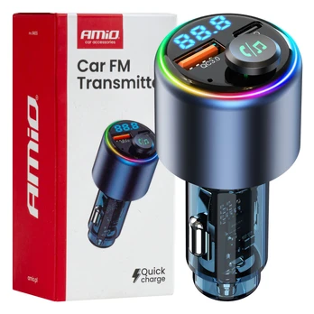 Transmiter automobilinis fm 1×usb-a 1×usb-c 12v 24v amio-04655