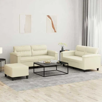 Sofa Sofos komplektas su pagalvėmis, 3 dalių, kreminis, dirbtinė oda