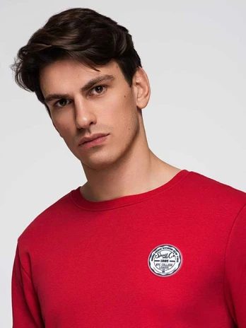 Men's non-stretch sweatshirt with round neckline and patch - red V1 B1713