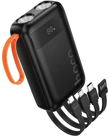Powerbank Hoco 10000 mAh with built-in cables USB A + USB C+ Lightning + Micro USB and double light J151 juodas
