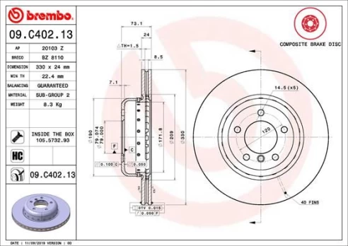 Stabdžių diskas BREMBO 09.C402.13