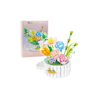 Construction Blocks Flower Arrangement in a Basket LED Lights 1376 pcs.
