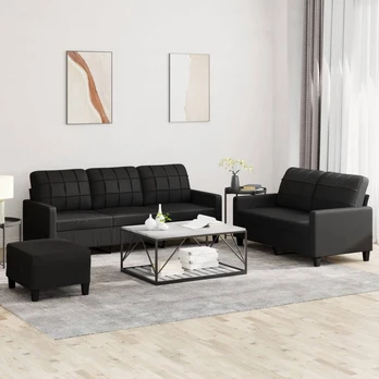 Sofa Sofos komplektas su pagalvėlėmis, 3 dalių, juodas, dirbtinė oda