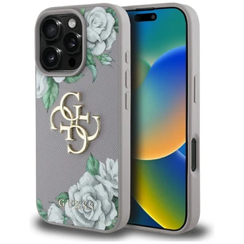 Dėklas Guess Grained Roses Big 4G logo do iPhone 16 Pro violetinė