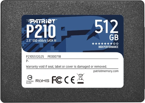 Kietasis diskas SDD Patriot SSD||P210|512GB|SATA 3.0|Write speed 430 MBytes/sec|Read speed 520 MBytes/sec|2,5"|TBW 240 TB|P210S512G25