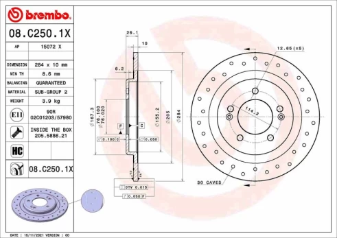 Stabdžių diskas BREMBO 08.C250.1X