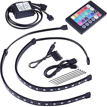 MIWATT RGB LED Strip Computer Lighting Magnet with Controller for Desktop Computer Case Mid Tower Full Tower (24 Key Remote Control, 2 Pack, 30 cm, R Series)