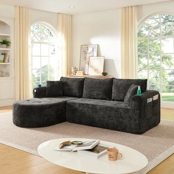 L formos sofa, plieninis laikiklis, lininis audinys, 2 dėžės