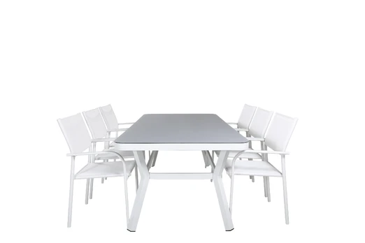 Virya Dining Table - White Alu / Grey Glass - big table +Santorini Arm Chair (Stackable) - White Alu / White Textilene _6