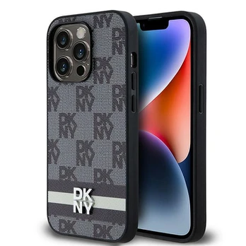 Dėklas DKNY PU Leather Checkered Pattern and Stripe Case for iPhone 14 Pro Juodas