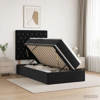 LED saugojimo lova su čiužiniu Juoda 100 x 200 cm Aksomas