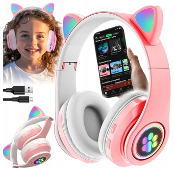 Vaikiškos ausinės katytės ausytės su bluetooth rožinės