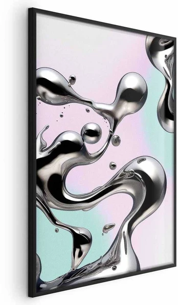 Artgeist Plakatas - Metallic Fluidity - abstract sidabrinis forms on a mint-violetinė background