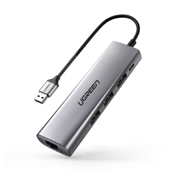 Ugreen CM266 5in1 USB šakotuvas USB-A į RJ45, 3x USB-A 3.0, micro USB, pilkas
