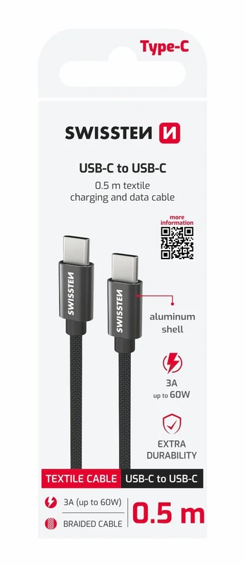 Swissten Textile USB-C / USB-C Data Cable 0.5m Black