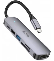 Adapteris - šakotuvas Hoco HB28 Type-C Multi-Function Converter HDMI+USB3.0+USB2.0+SD+TF+PD pilkas