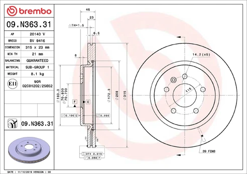 Stabdžių diskas BREMBO 09.N363.31