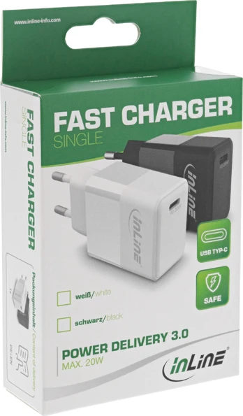 Įkroviklis InLine® USB PD įkroviklis, vienas USB Type-C, maitinimo šaltinis, 20W, baltas