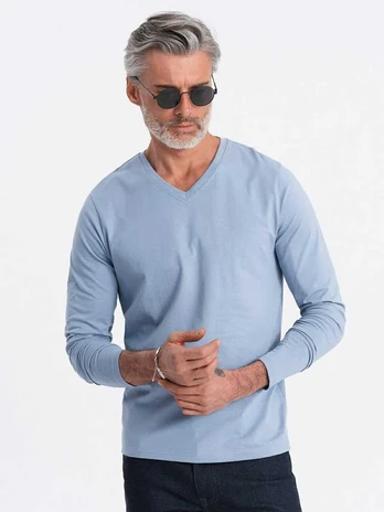 Blue men's unprinted v-neck longsleeve - light mėlynas v9 om-lsbl-0108