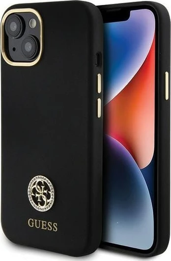 Guess iPhone 15 Skystas silikonas 4G Strass Metal Logo Case Apple Black