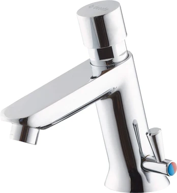 Timed washbasin mixer with temperature control - without closing the drain