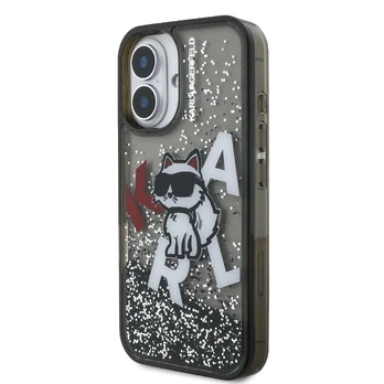 Dėklas Karl Lagerfeld Liquid Glitter Scattered Choupette Case for iPhone 16 Juodas