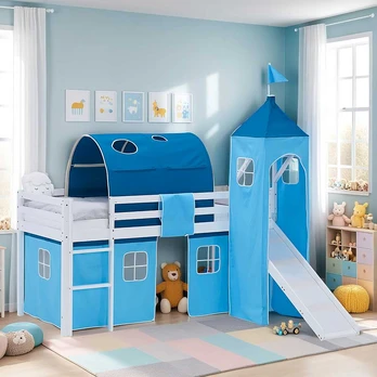 Homestyle4U Loft lova, 90x200 cm, balta, mėlyna