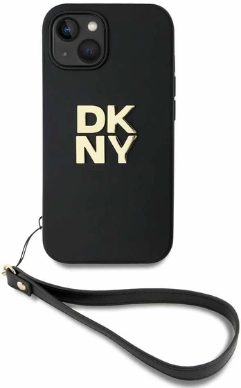 Dėklas DKNY PU Leather Stack Logo Wrist Strap Case for iPhone 13 Juodas