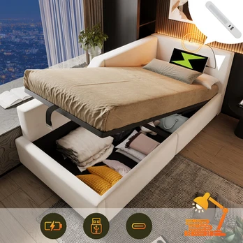 Daybett 90x190 cm, samtas, USB-C, hidraulinis stalčius, vaikams, beige