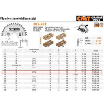 Diskas pjovimo 210x2,8x30 Z36 HM, CMT