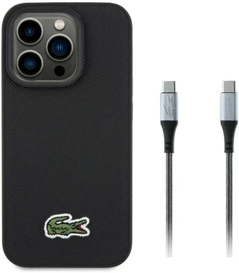 Dėklas Lacoste Iconic Petit Pique Woven Logo MagSafe Case for iPhone 15 Pro Juodas + USB-C/USB-C Data Cable