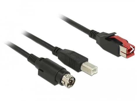 Delock PoweredUSB Kabelis Stecker 24 V > USB Typ-B Stecker + Hosiden Mini-DIN 3