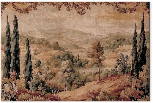Artgeist Paveikslas - Mediterranean landscape - old tapestry with a hill and a lake