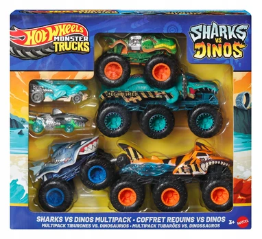 Hot Wheels Monster Trucks „Sharks vs Dinosaurs“ JGD68 – 6 transporto priemonių rinkinys