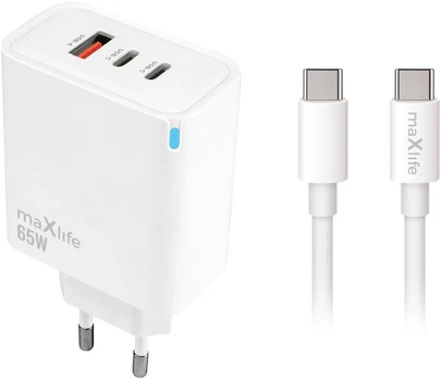 Telforceone Maxlife MXTC-09-65ACC PD QC charger 2x USB-C 1x USB 65W baltas + USB-C - USB-C cable 2.0m 100W