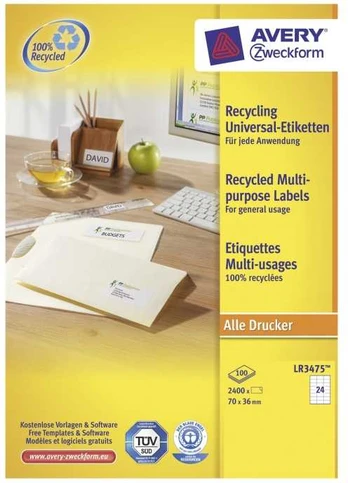 Avery Zweckform Avery LR3475, Baltas, Rectangle, Permanent, 70 x 36 mm, A4, Universal