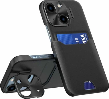 „Hurtel“ odinis „iPhone 14 Plus“ dėklas, kortelių dėklas su stovu, juodas