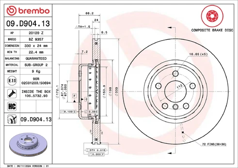 BREMBO 09.D904.13 Brake Disc
