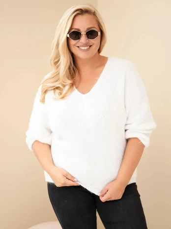 Moteriškas Plus Size megztinis su V formos iškirpte, ekru spalvos