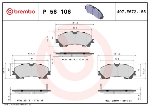 Stabdžių trinkelių rinkinys, diskinis stabdys BREMBO P56106