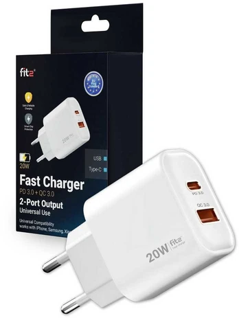 Greitasis įkroviklis FIT2, 20W (USB A +Type C), FITK20, baltas