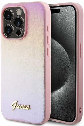Dėklas Guess PU Leather Iridescent Metal Script Case for iPhone 15 Pro Max Rožinė