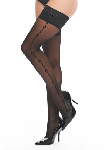 Hold Ups H021 Elegant Lace Geometric Pattern 20den Black Stockings